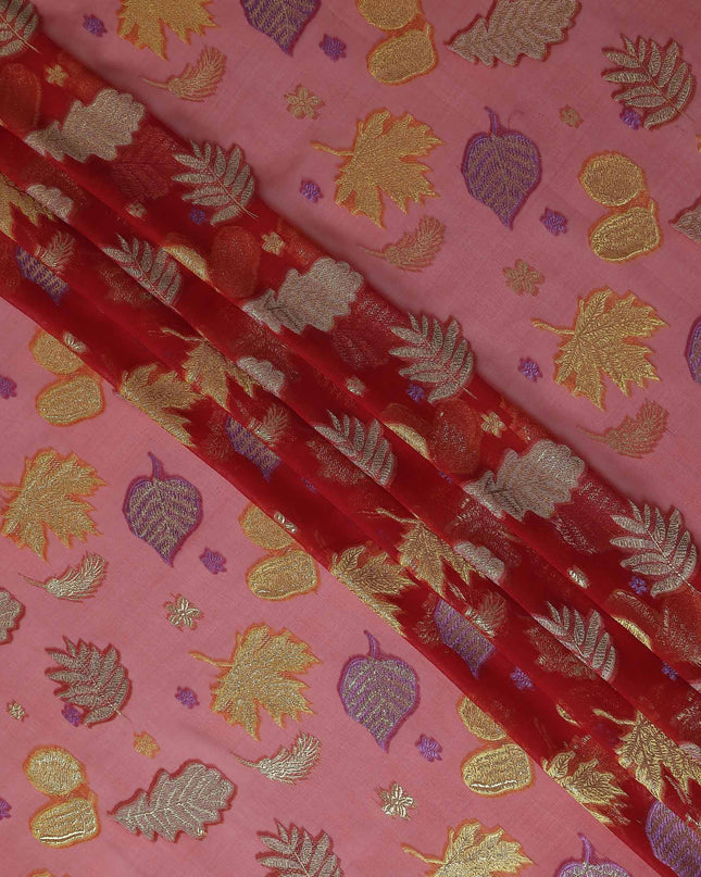 Salmon Coral Leaf Embroidered Silk Garbasaar