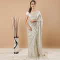 Beige and gold metallic Premium French Chantilly lace saree in floral design having stone work-D6212