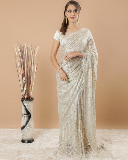 Beige and gold metallic Premium French Chantilly lace saree in floral design having stone work-D6212