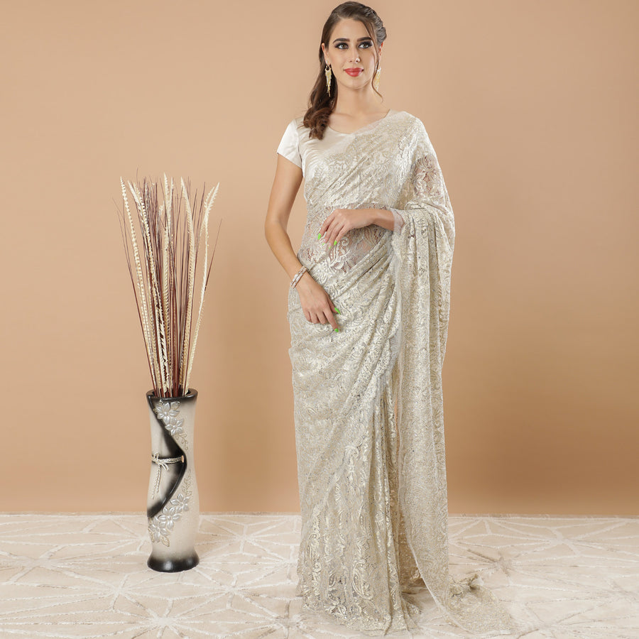 Beige and gold metallic Premium French Chantilly lace saree in floral design having stone work-D6212