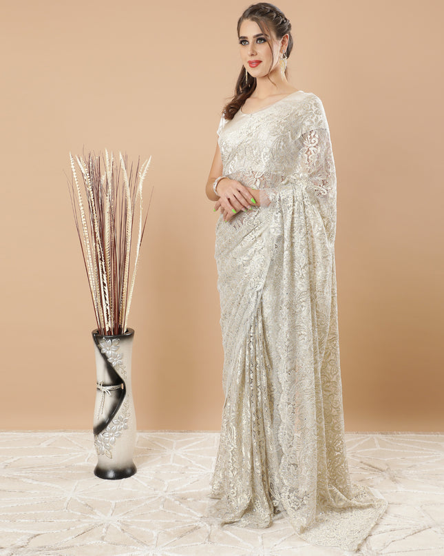 Beige and gold metallic Premium French Chantilly lace saree in floral design having stone work-D6212