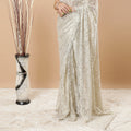 Beige and gold metallic Premium French Chantilly lace saree in floral design having stone work-D6212