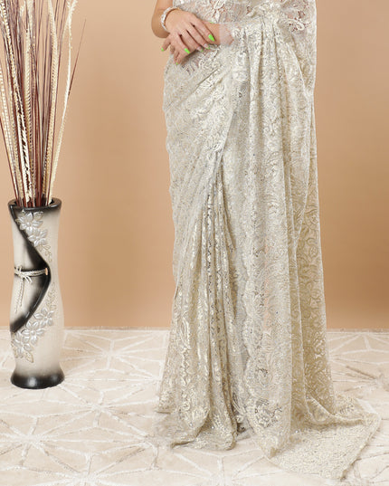 Beige and gold metallic Premium French Chantilly lace saree in floral design having stone work-D6212