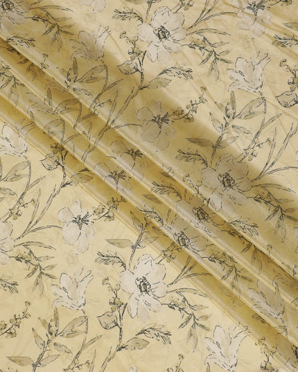 Lemon Chiffon Organza Fabric - Vintage Floral Ink Sketch, 110cm Width, Light-Reflecting Sheer Quality-D18941