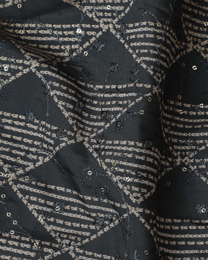 Elegant Black Blended Cotton Embroidery Fabric - Diamond Motif, 110cm Width-D18957