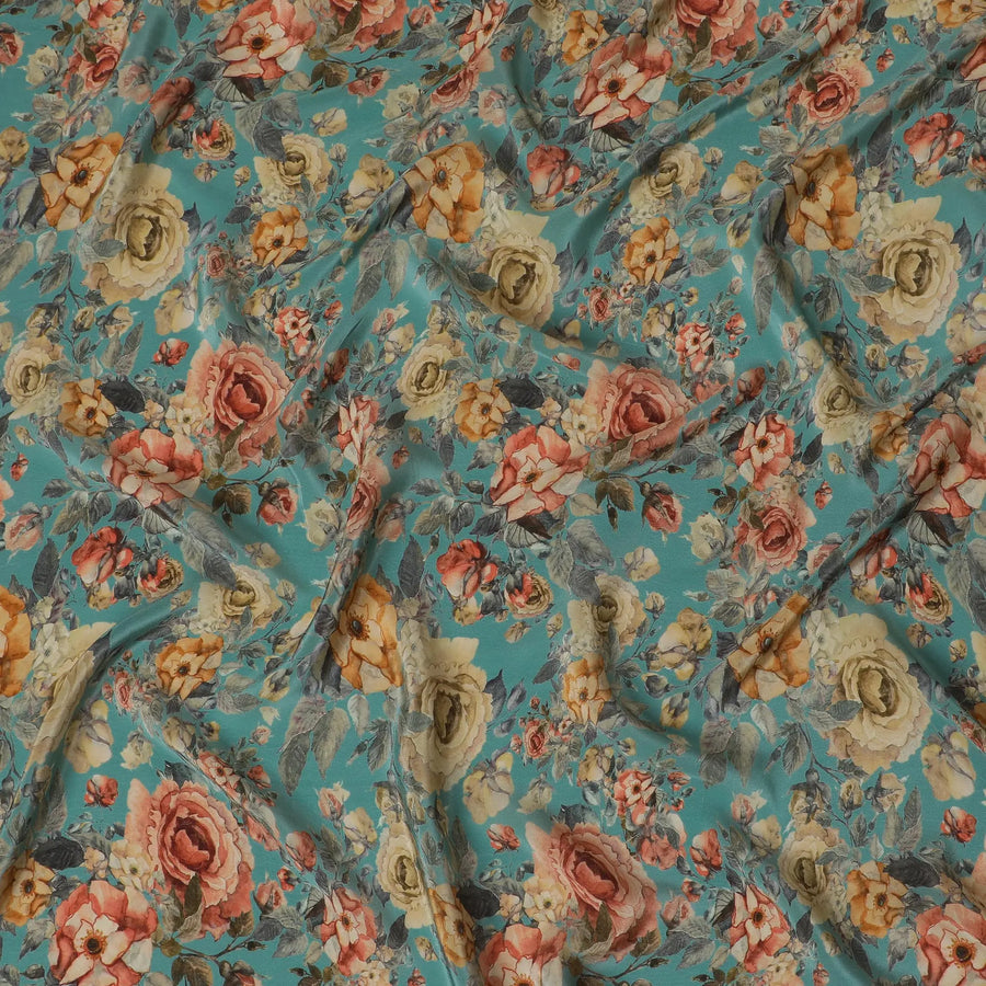 Vintage Floral Synthetic Crepe Fabric in Teal, 110 cm Wide-D19133 Regal Fabrics