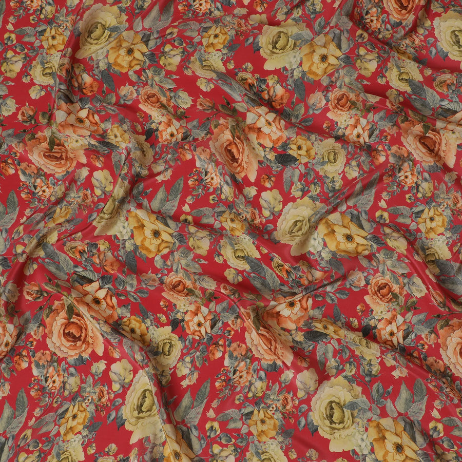 قماش كريب صناعي أحمر غني مع طباعة زهور ذهبية، عرض 110 سم -D19134