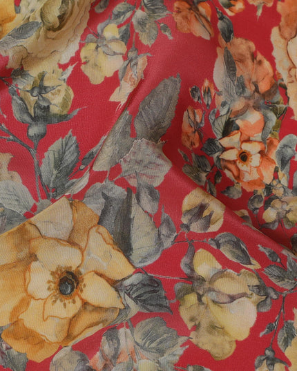 Rich Red Synthetic Crepe Fabric with Golden Floral Print, 110 cm Wide-D19134