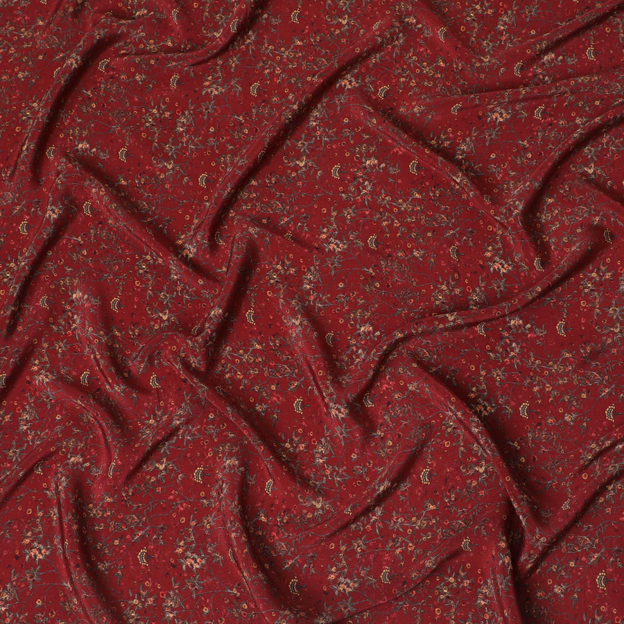 Rich Burgundy Synthetic Crepe Fabric with Golden Floral Accents, 110 cm Wide-D19136
