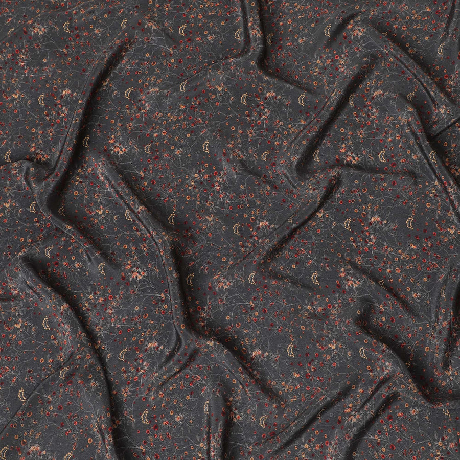Dark Charcoal Synthetic Crepe Fabric with Red and Gold Floral Motifs, 110 cm Wide-D19138 Regal Fabrics