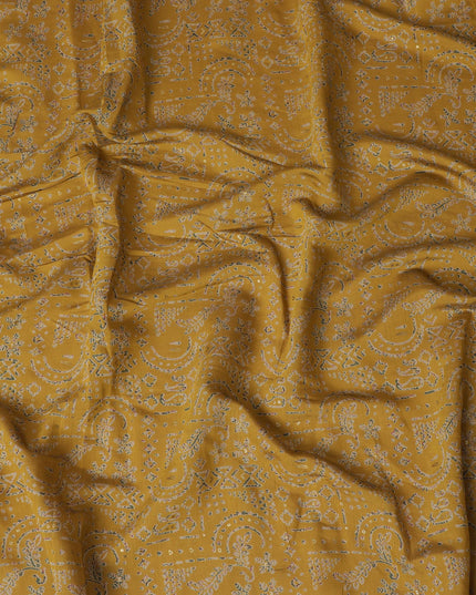 Mustard Yellow Cotton Lawn Fabric with Intricate White Paisley Print, 110 cm Wide-D19141