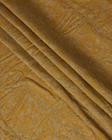 Mustard Yellow Cotton Lawn Fabric with Intricate White Paisley Print, 110 cm Wide-D19141