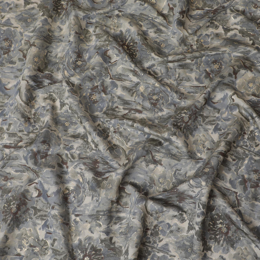 Sophisticated Grey Cotton Lawn Fabric with Silver Floral Overlay, 110 cm Wide-D19142