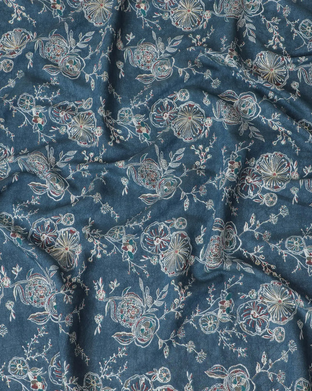 Navy Blue Cotton Lawn Fabric with Intricate Silver Embroidery Print, 110 cm Wide-D19143 Regal Fabrics