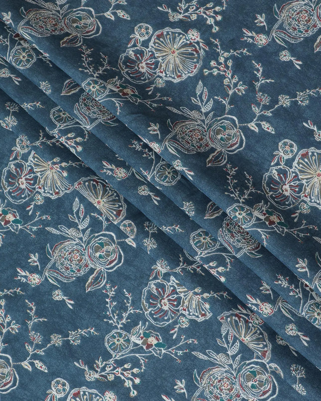 Navy Blue Cotton Lawn Fabric with Intricate Silver Embroidery Print, 110 cm Wide-D19143 Regal Fabrics