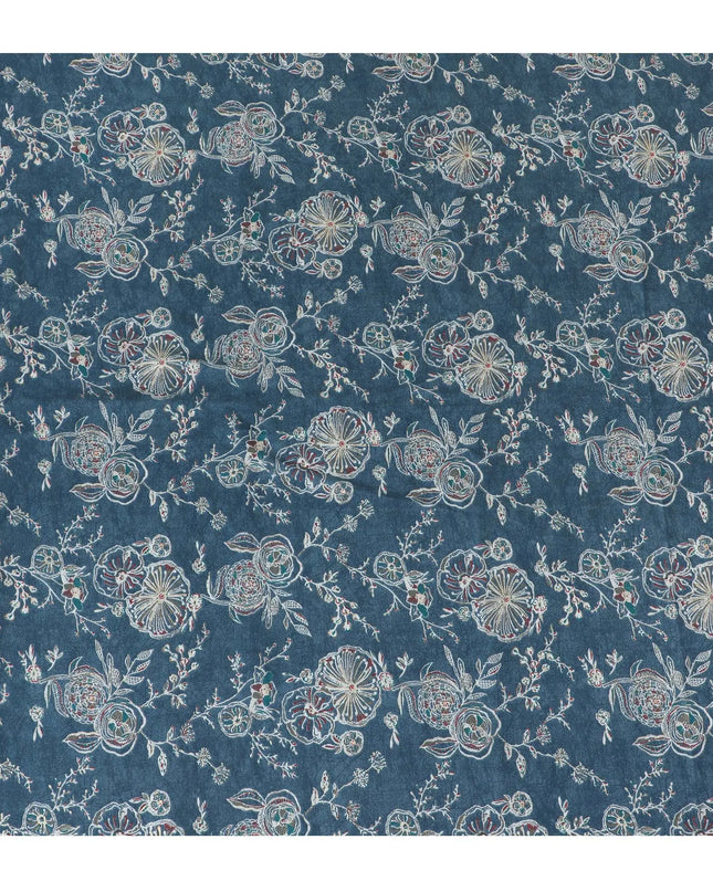Navy Blue Cotton Lawn Fabric with Intricate Silver Embroidery Print, 110 cm Wide-D19143 Regal Fabrics