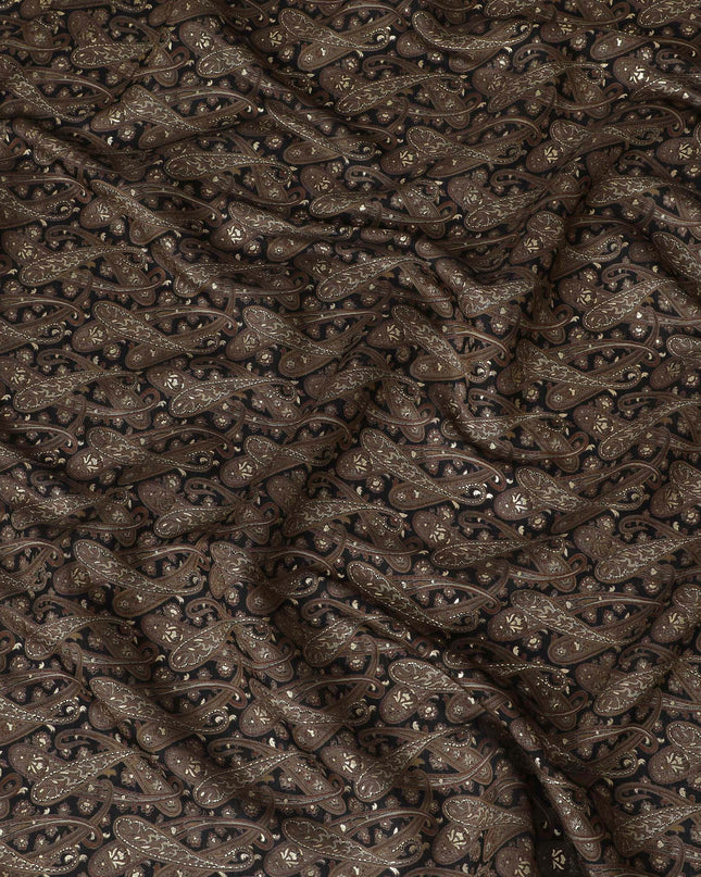 Luxurious Chocolate Brown Cotton Lawn Fabric with Silver Paisley Print, 110 cm Wide-D19144