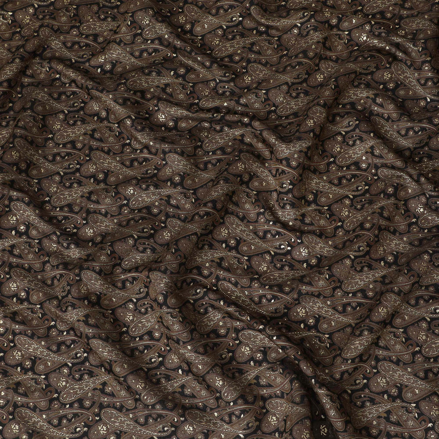 Luxurious Chocolate Brown Cotton Lawn Fabric with Silver Paisley Print, 110 cm Wide-D19144