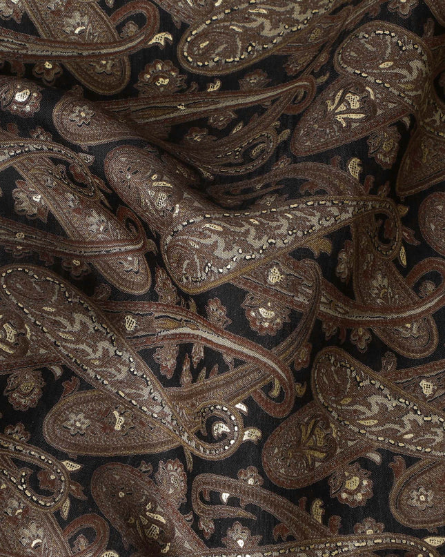 Luxurious Chocolate Brown Cotton Lawn Fabric with Silver Paisley Print, 110 cm Wide-D19144