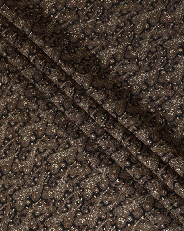 Luxurious Chocolate Brown Cotton Lawn Fabric with Silver Paisley Print, 110 cm Wide-D19144