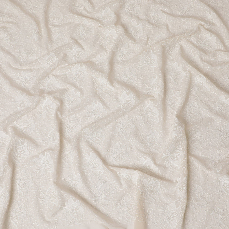 Cream Rose Textured Embroidered Georgette Fabric - 110 cm Width, Luxurious & Textured, Perfect for Occasion Wear-D19150