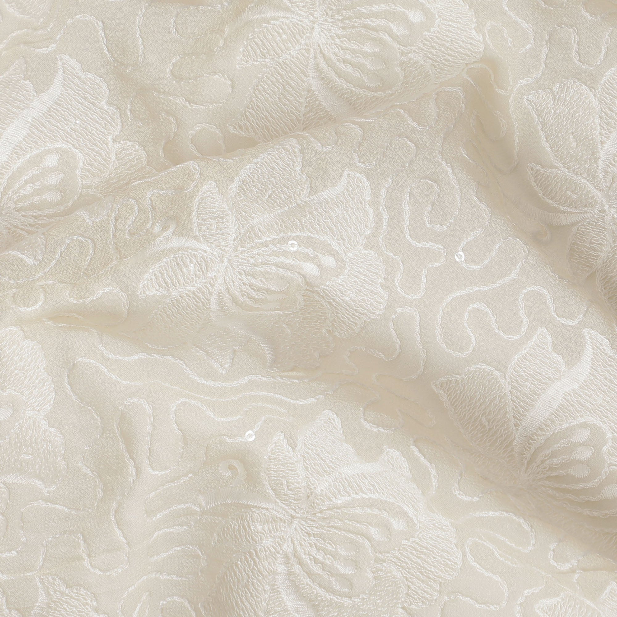Cream Embossed Floral Georgette Fabric 110 cm Width, Elegant Textured Finish, Ideal for Luxurious Garments-D19152