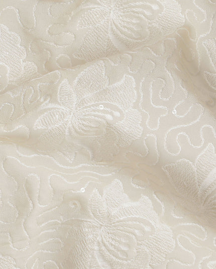 Cream Embossed Floral Georgette Fabric - 110 cm Width, Elegant Textured Finish, Ideal for Luxurious Garments-D19152