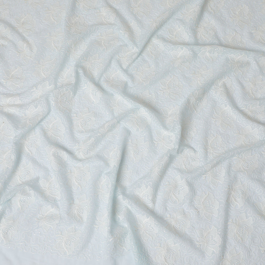 Sky Blue Floral Embossed Georgette Fabric - 110 cm Width, Textured and Delicate, Perfect for Spring and Summer Apparel-D19154