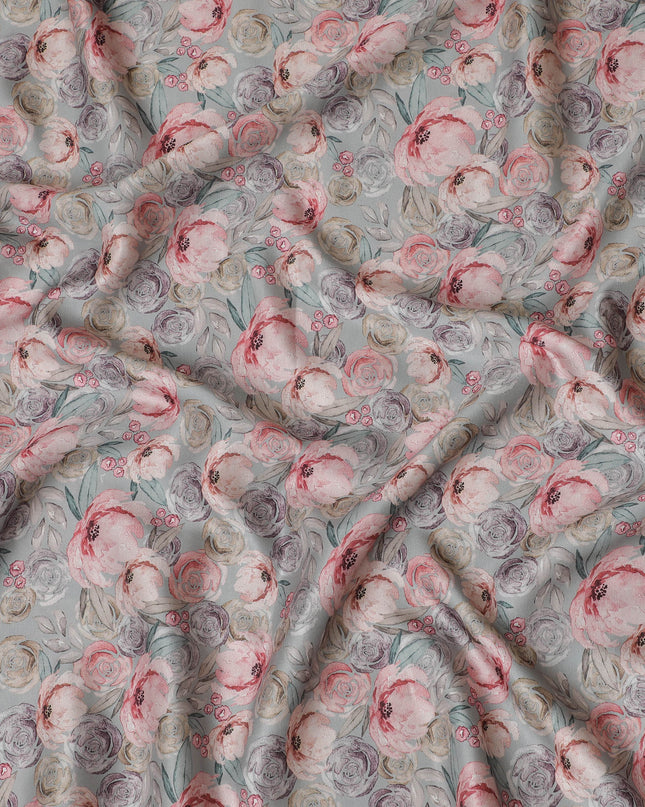 Shabby Chic Pink and Grey Rose Blended Cotton Lawn Fabric - 140 Cm Width, Soft and Breathable, Perfect for Casual and Home Décor-D19156