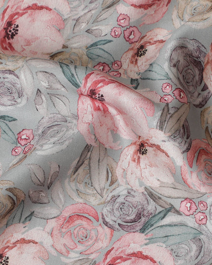 Shabby Chic Pink and Grey Rose Blended Cotton Lawn Fabric - 140 Cm Width, Soft and Breathable, Perfect for Casual and Home Décor-D19156