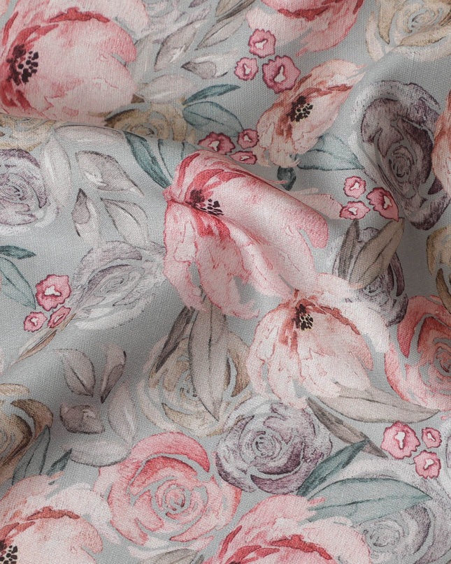 Shabby Chic Pink and Grey Rose Blended Cotton Lawn Fabric - 140 Cm Width, Soft and Breathable, Perfect for Casual and Home Décor-D19156