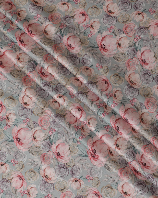 Shabby Chic Pink and Grey Rose Blended Cotton Lawn Fabric - 140 Cm Width, Soft and Breathable, Perfect for Casual and Home Décor-D19156