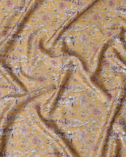 Elegant Blended Cotton Lawn Fabric - Mustard Yellow with Pink Floral Pattern, 140 cms Width-D19158