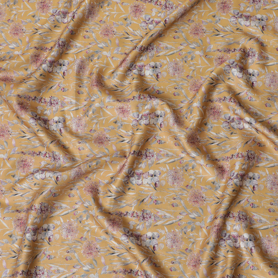 Elegant Blended Cotton Lawn Fabric - Mustard Yellow with Pink Floral Pattern, 140 cms Width-D19158 Regal Fabrics