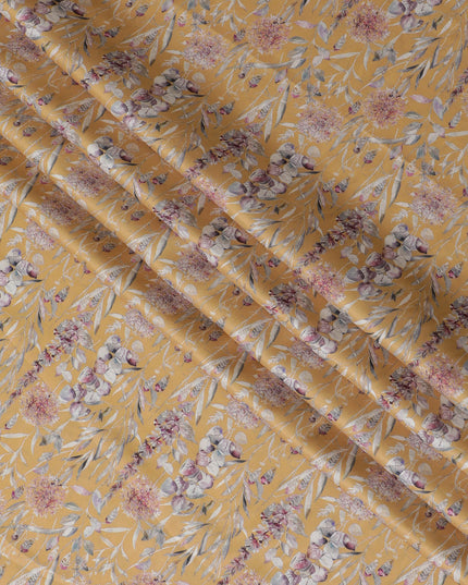Elegant Blended Cotton Lawn Fabric - Mustard Yellow with Pink Floral Pattern, 140 cms Width-D19158