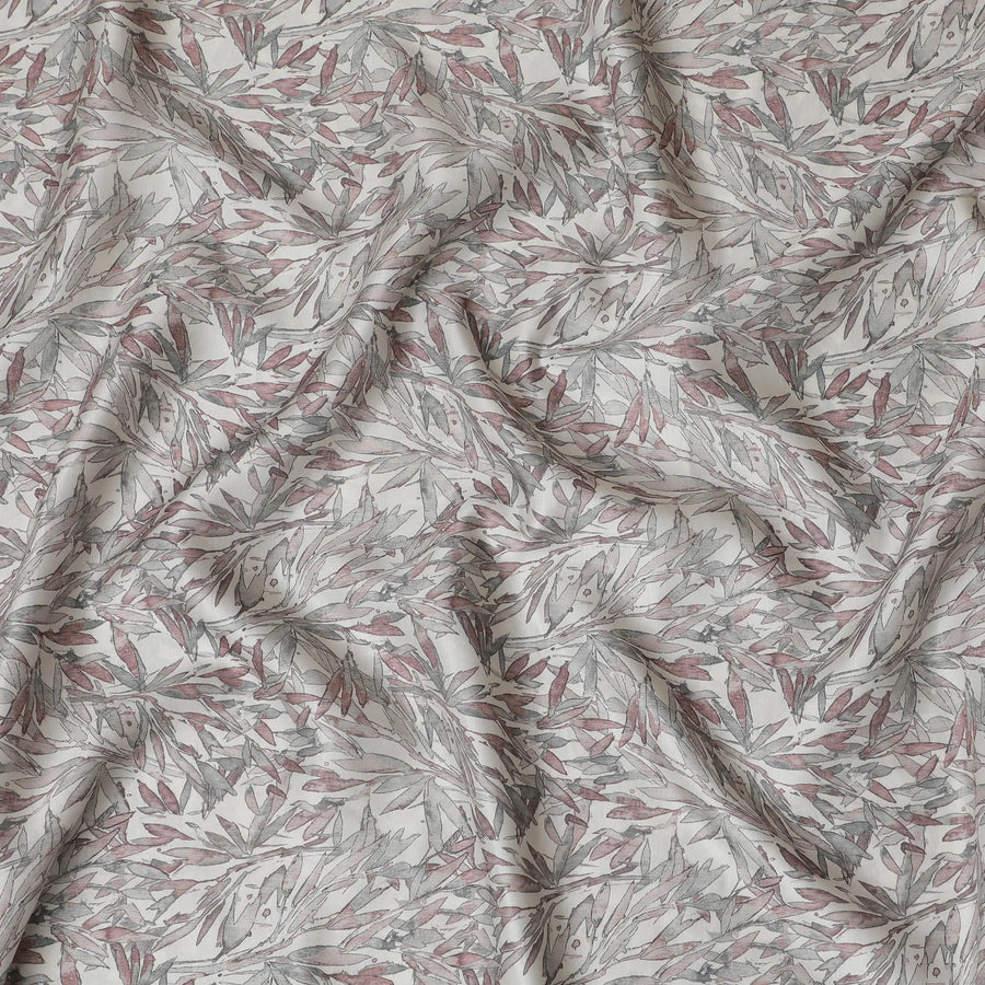 Sophisticated Blended Cotton Lawn Fabric - White with Red and Grey Leaf Print, 140 cms Width-D19159 Regal Fabrics
