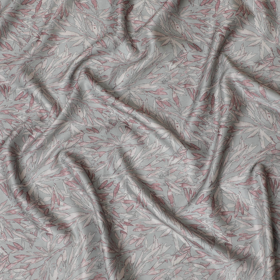 قماش عشبي قطني مخلوط أنيق - رمادي ناعم مع لمسات نباتية وردية، عرض 140 سم -D19160