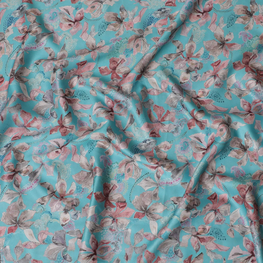 Vibrant Turquoise Blended Cotton Lawn Fabric - Pink Floral Pattern, 140 cms Width-D19161 Regal Fabrics