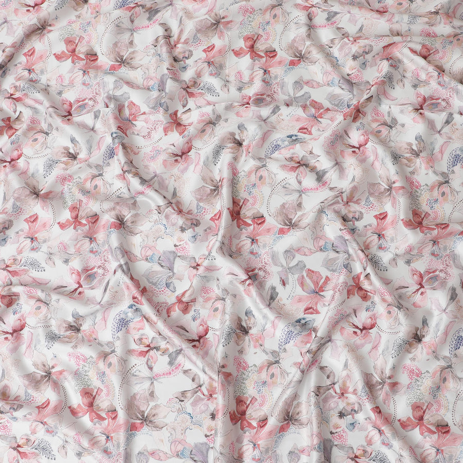 Delicate White Blended Cotton Lawn Fabric - Red and Blue Floral Bird Print, 140 cms Width-D19163