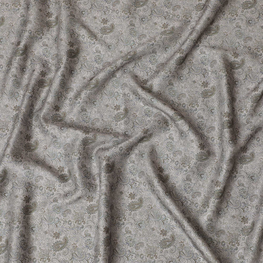 Refined Silver Grey Blended Cotton Lawn Fabric - Elegant Paisley Pattern, 140 cms Width-D19165