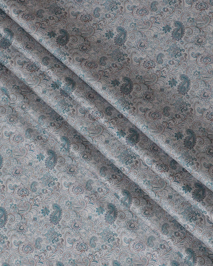 Luxurious Blended Cotton Lawn Fabric - Dusty Blue with Intricate Paisley Print, 140 cms Width-D19166