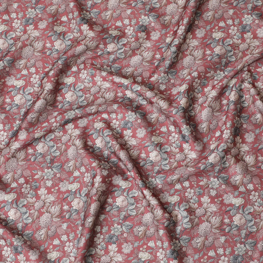 Rustic Red Blended Cotton Lawn Fabric - Classic Floral and Bird Print, 140 cms Width-D19168