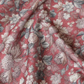 Rustic Red Blended Cotton Lawn Fabric - Classic Floral and Bird Print, 140 cms Width-D19168