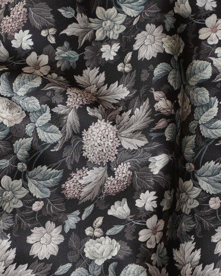 Charcoal Grey Blended Cotton Lawn Fabric - Floral Print in Soft White and Green, 140 cms Width-D19169