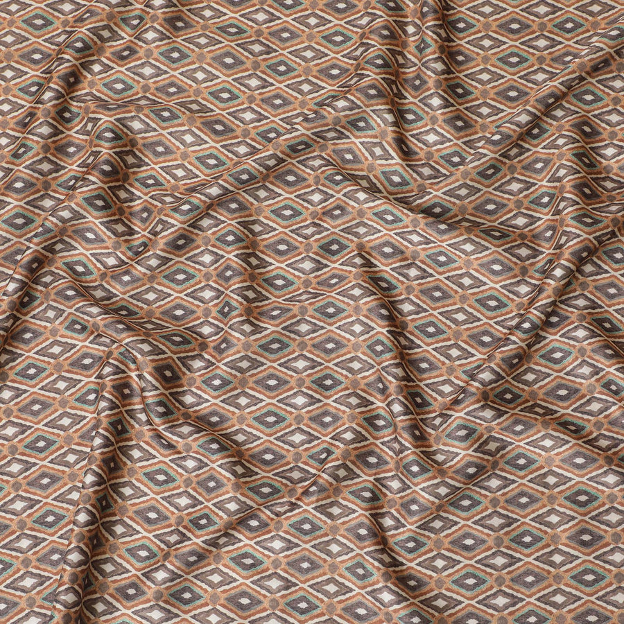 Earthy Brown Geometric Blended Cotton Lawn Fabric - Teal and Beige Accents, 140 cms Width-D19171