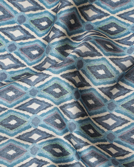 Cool Blue Geometric Blended Cotton Lawn Fabric - Modern Diamond Print, 140 cms Width-D19172