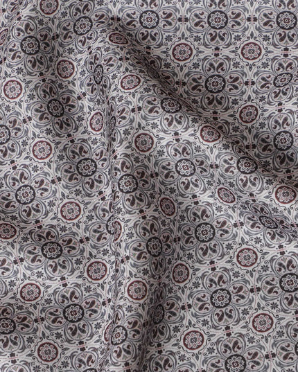 Classic Grey Blended Cotton Lawn Fabric - Intricate Red Floral Print, 140 cms Width-D19180