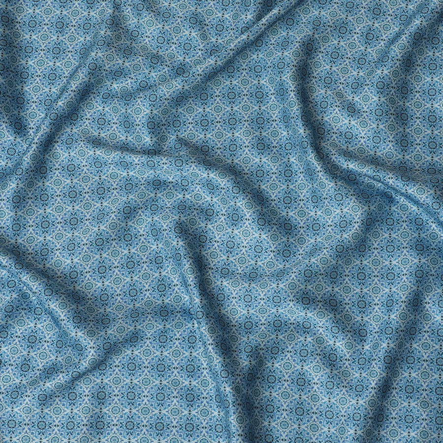 Refreshing Blue Floral Blended Cotton Lawn Fabric, Intricate Small Print, 140 cms Width-D19181