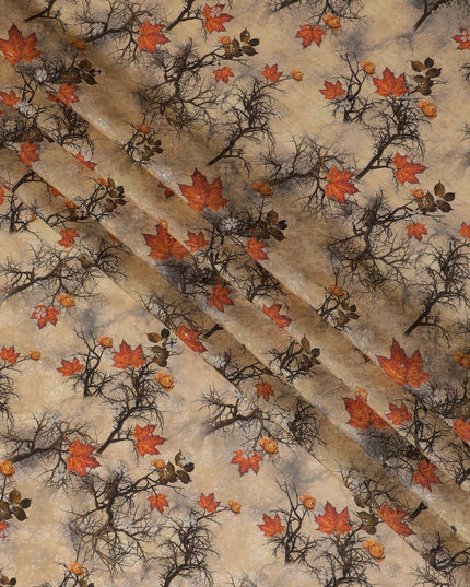 Rustic Autumn Viscose Fabric with Digital Print of Oak Leaves and Acorns, 110 cm Wide-D19204