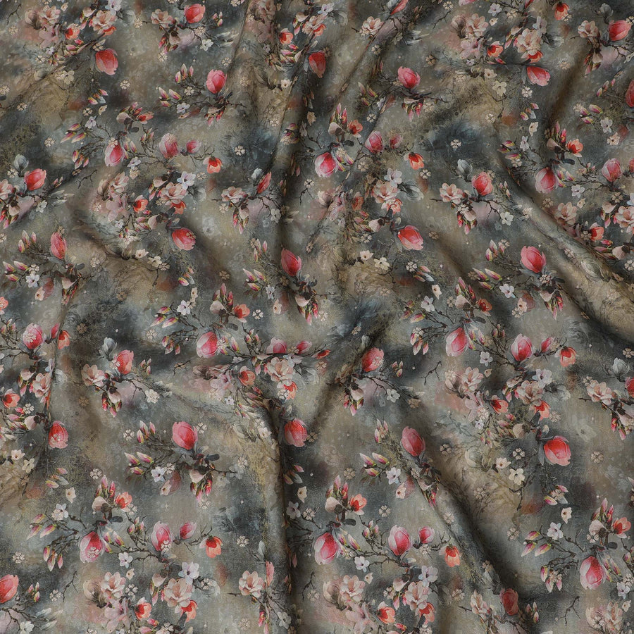 قماش فيسكوز أنيق داكن مع طباعة زهر، عرض 110 سم -D19212